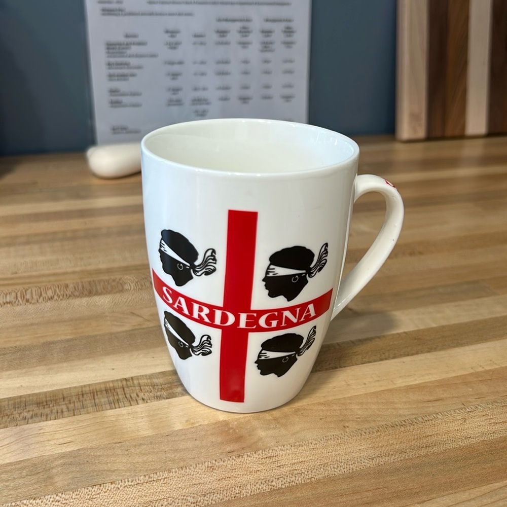 Coffee Mug Sardegna from gift shop in Sardinia Italy, White Red Black